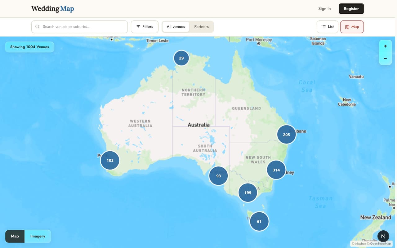 The venue map, every Australian wedding venue pinned and clustered by region