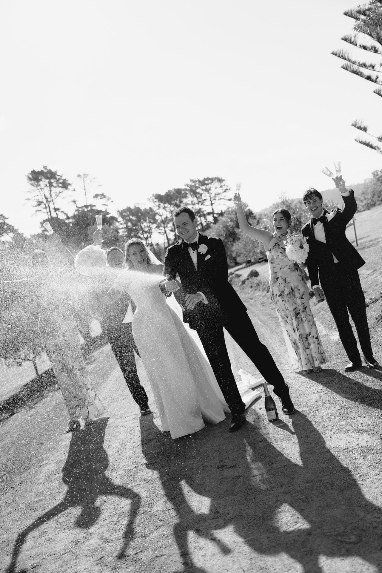 A couple celebrating with their wedding party